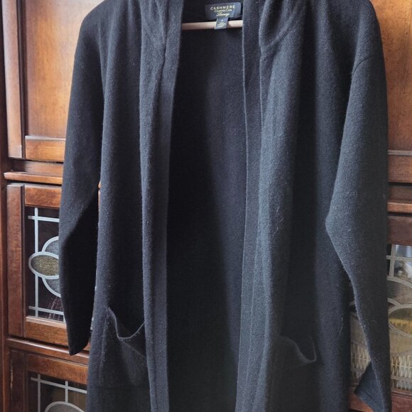 Charter Club Black Open Cardigan with Hood 100% Cashmere - Picture 3 of 5